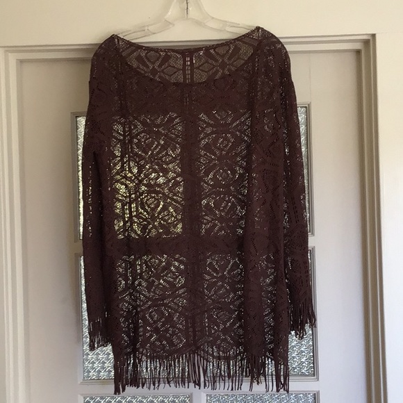 Festival Crochet Fringed Tunic Top Coverup in Chocolate Brown - Picture 7 of 8